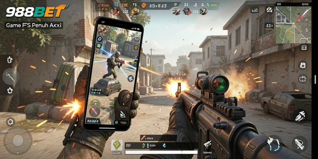 Screenshot utama 988BET menampilkan gameplay FPS yang mendebarkan.