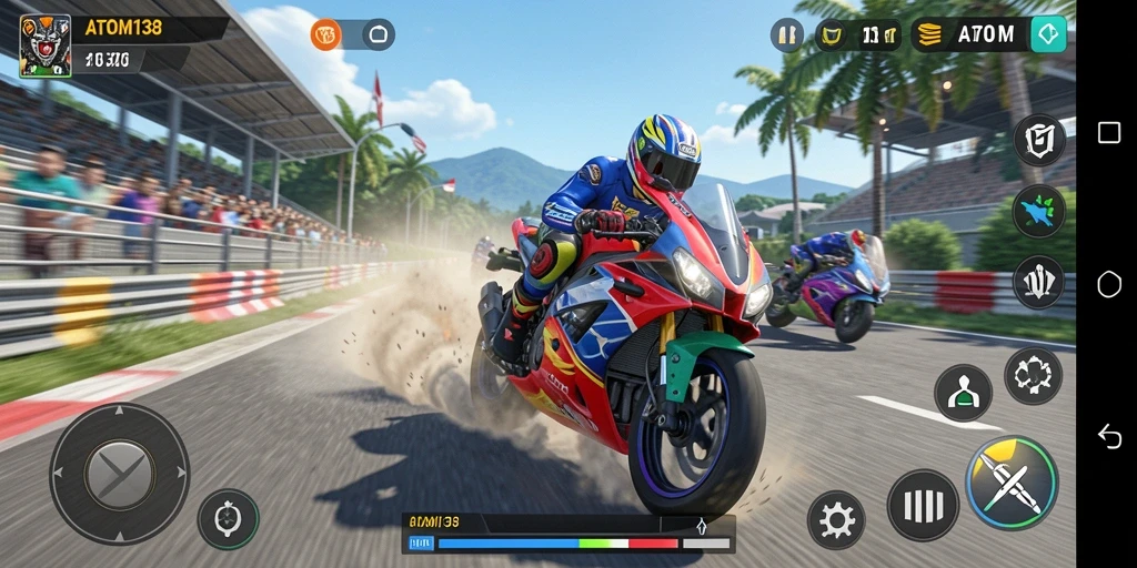 Tangkapan layar gameplay ATOM138 menampilkan balapan motor yang seru.