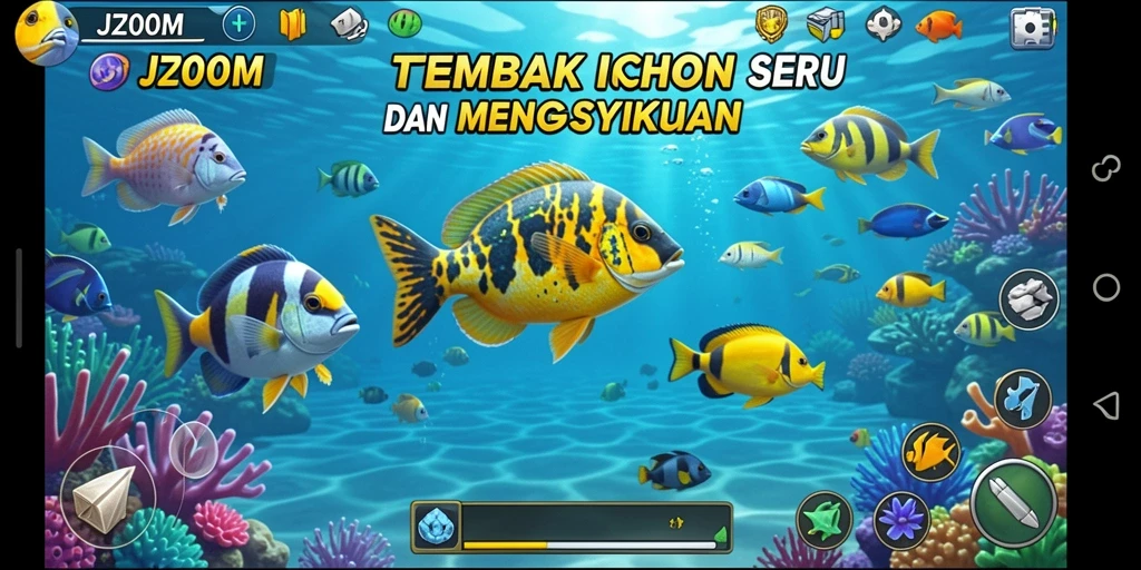 Tangkapan layar gameplay J200M yang mendebarkan saat menembak ikan.
