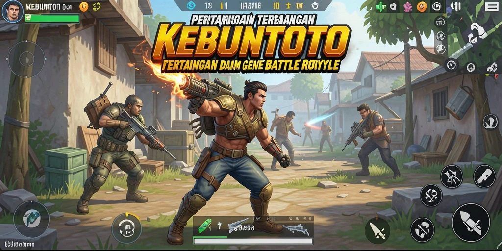 Screenshot gameplay KEBUNTOTO menampilkan peperangan intens di medan Battle Royale.