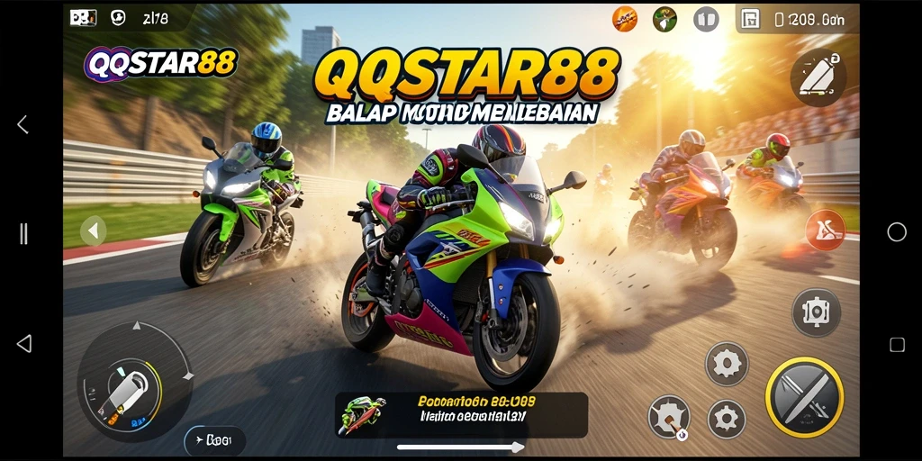 Screenshot utama QQSTAR88 menampilkan aksi balap motor yang seru dan mendebarkan.