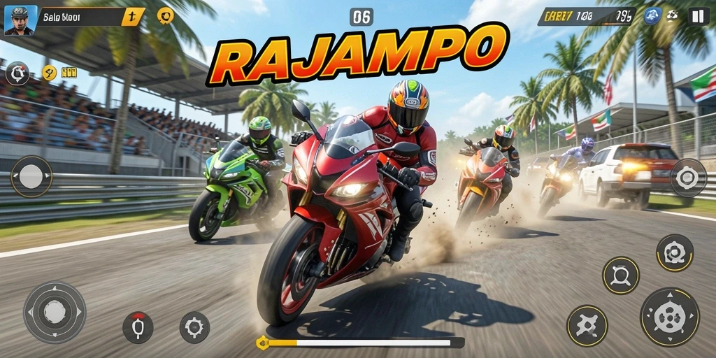 Screenshot gameplay yang menegangkan dalam game Motor Racing RAJAMPO.