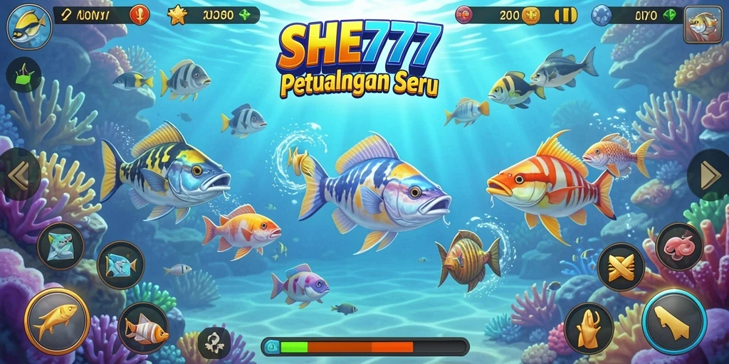 Screenshot gameplay seru dari SHE777, menampilkan aksi tembak ikan.